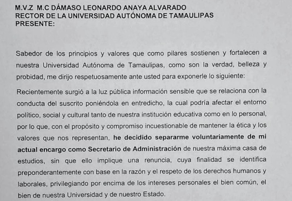 Marco Batarse Contreras se separa del cargo como secretario de administraci&oacute;n en la UAT